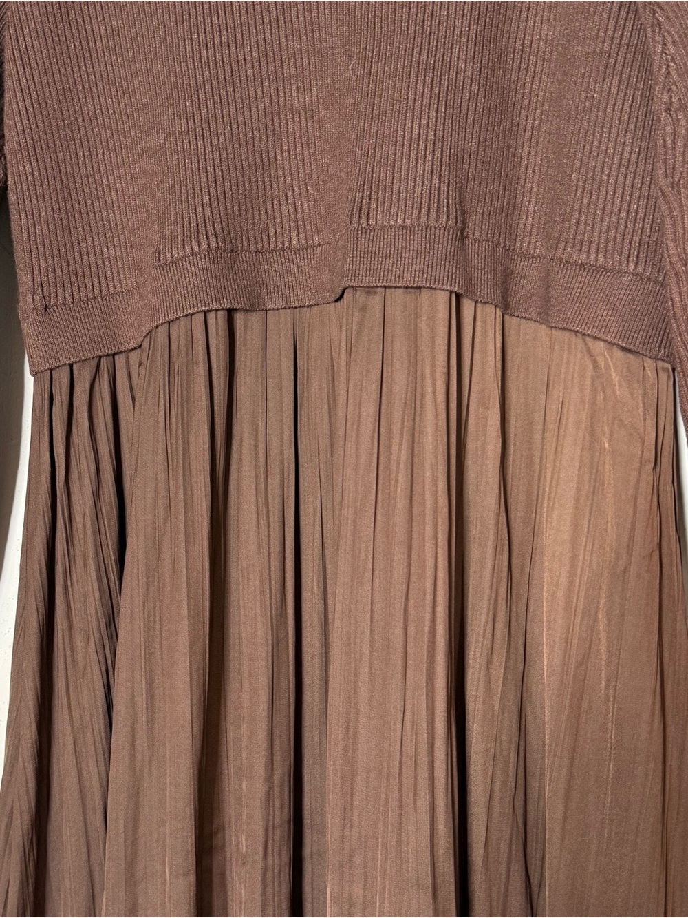 Anthropologie Twofer Knit Ribbed Satin Pleated Maxi Dress Size 2X Brown - Picture 10 of 14